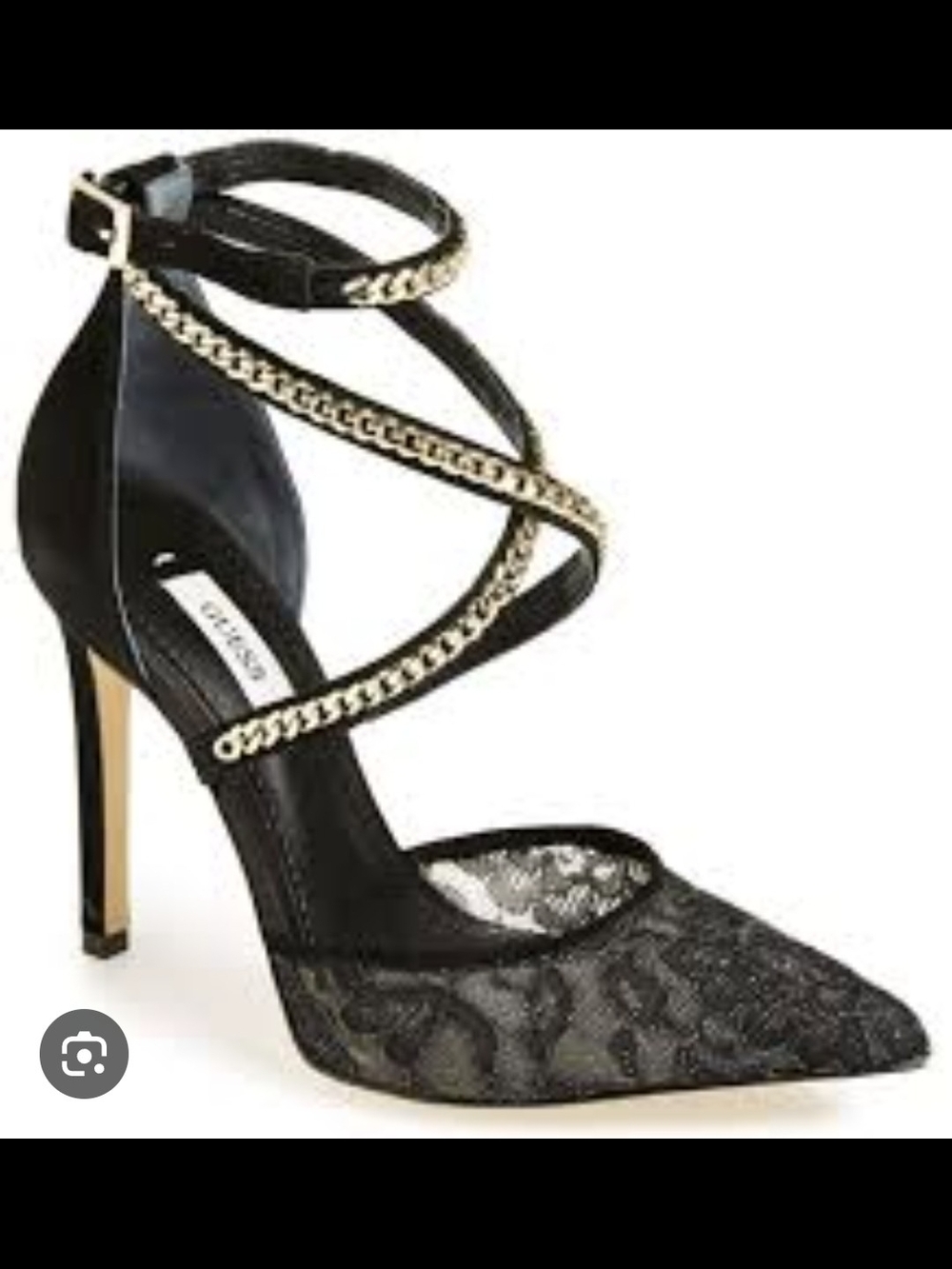 Guess Black Lace Pointed-Toe Strappy Pump with Gold Chain